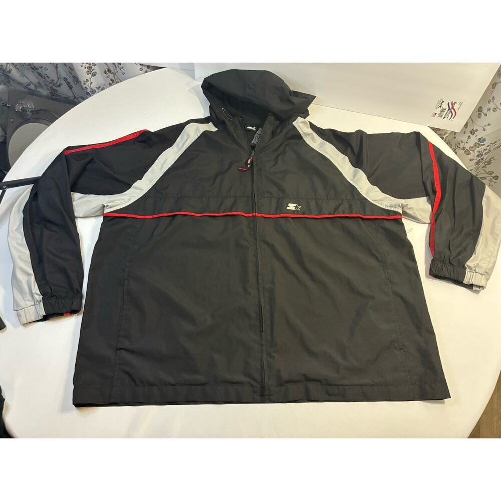 Starter Windbreaker Jacket XL Black Red Retro Y2K Full Zip Hooded Streetware